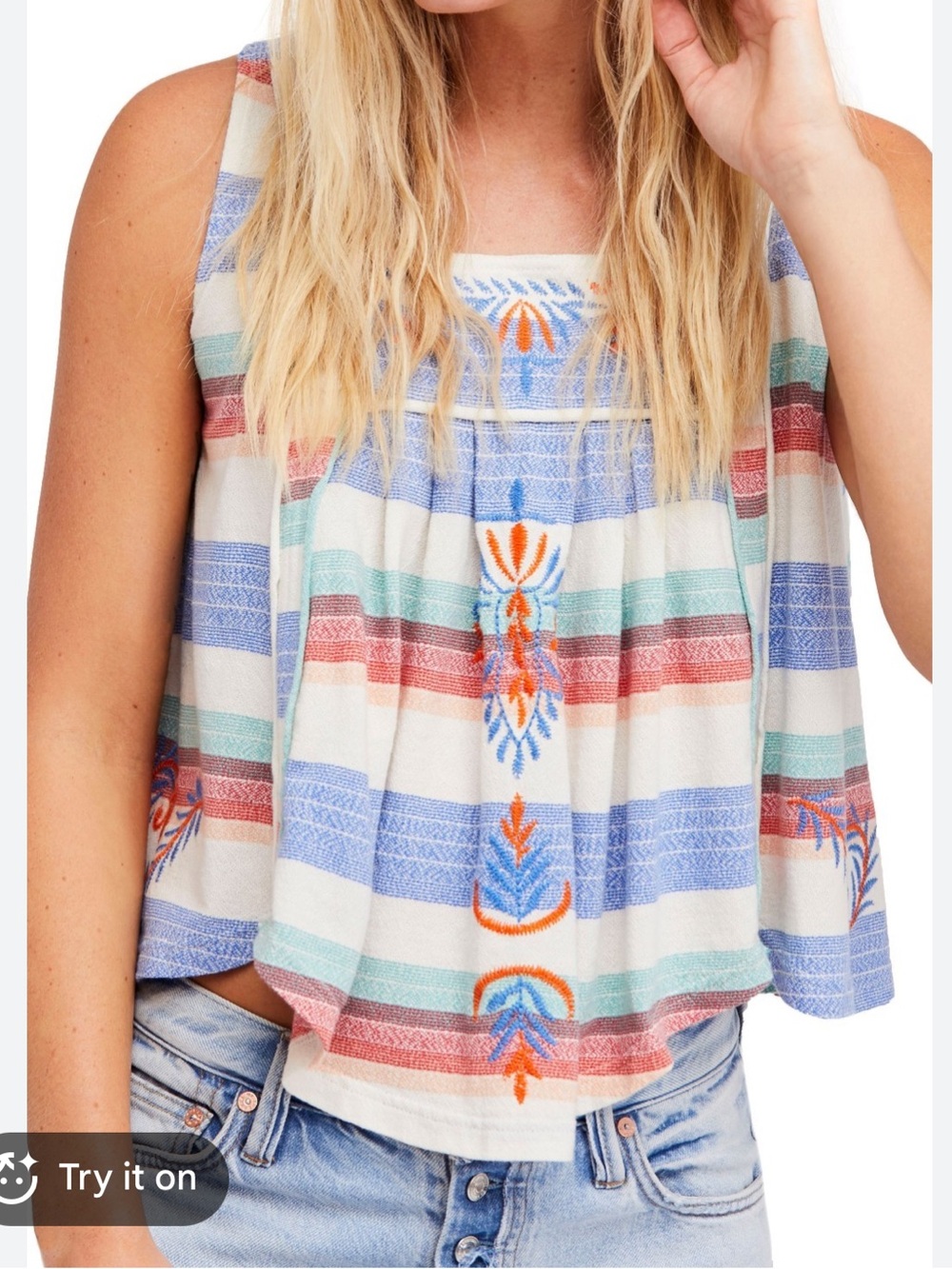 Free People Embroidered Vintage Stripe swing tank